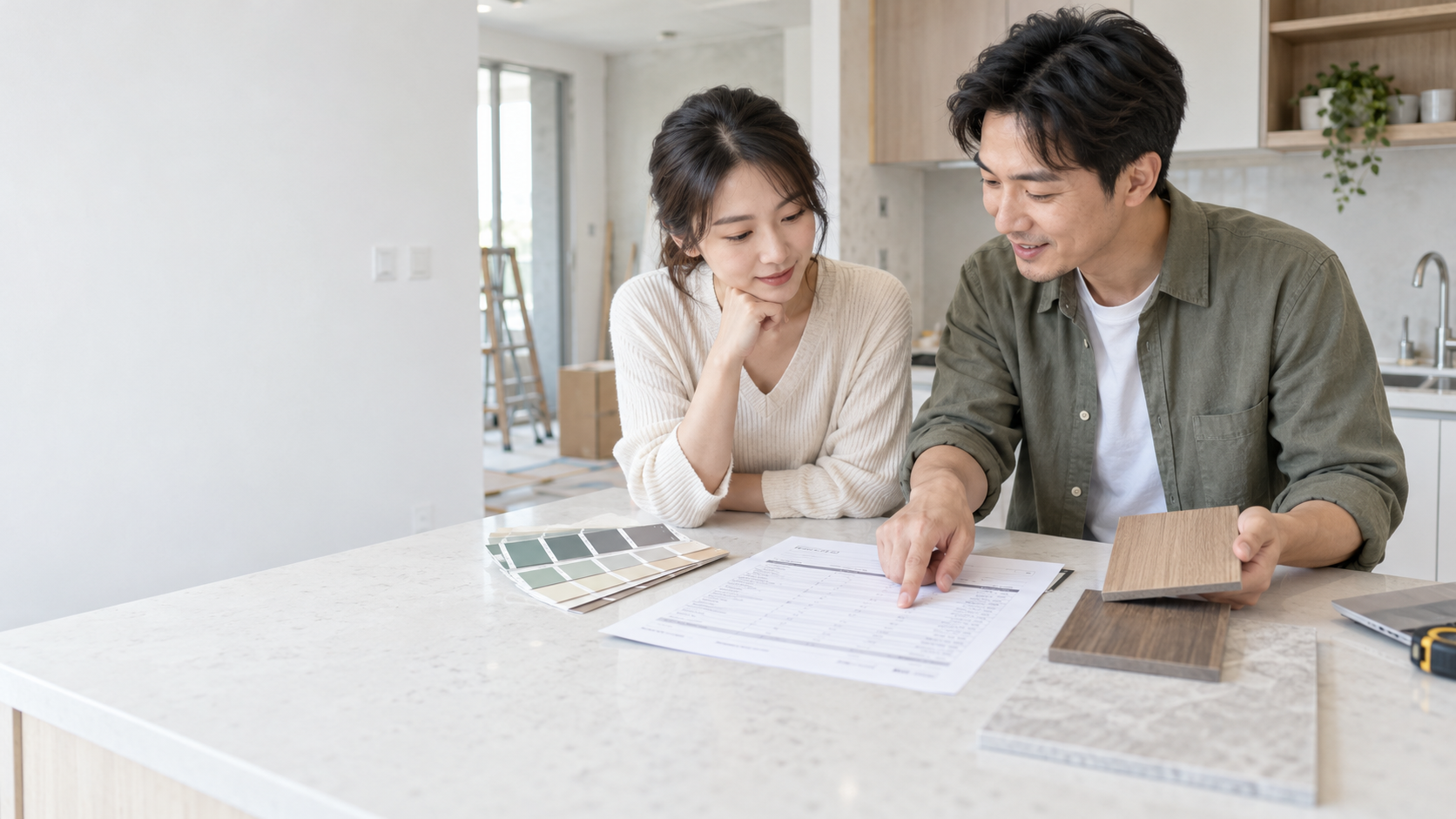 屋主和設計師對照報價與材料樣板，確認價格包含什麼